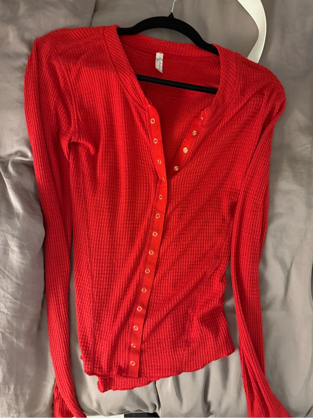 Free People Red Waffle-Knit Long Sleeve Button-Front Top